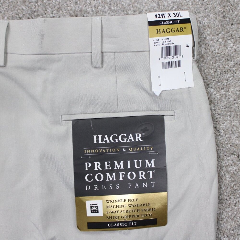 Haggar Premium Comfort‎ Pants NWT Mens 42x30 Beige Wrinkle Free 4 Way Stretch